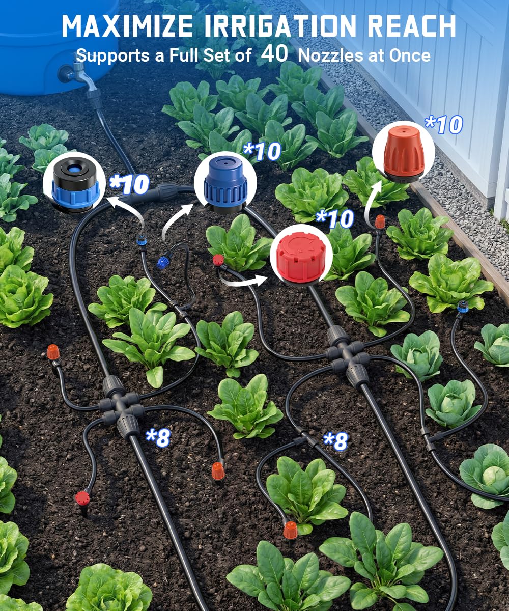 237FT Drip Irrigation System Kit with 40 Adjustable Nozzles for Garden Watering, Leak-Proof & Easy-Connect Irrigation Kit with 1/2" & 1/4" Tubing, for Greenhouse, Lawn, Indoor Pots (40FT + 197FT)