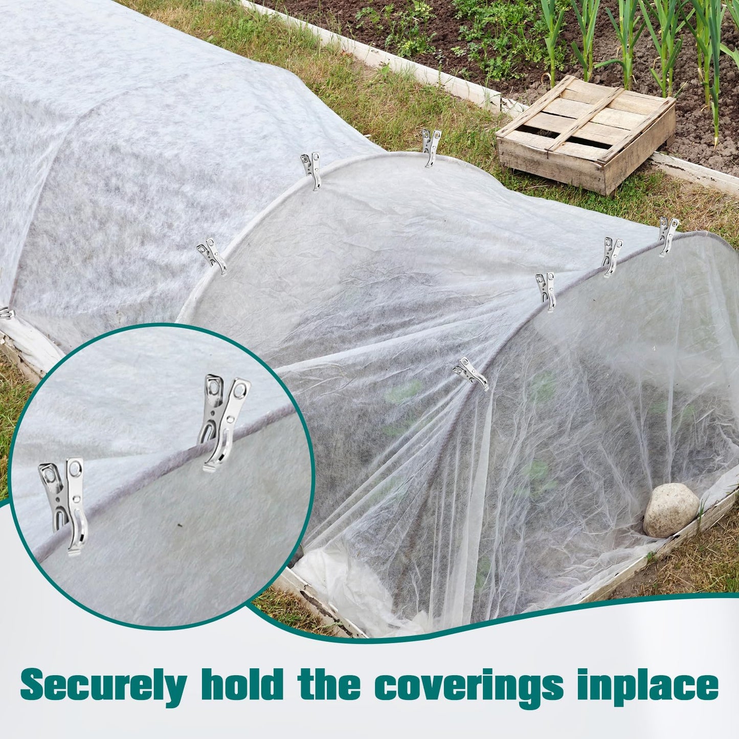 Enjamyo 100 Pack Garden Clips, Stainless Steel Greenhouse Clips for Netting, 2.2 inch Greenhouse Clamps, Heavy Duty Row Cover Clip with a Strong Grip for Plant Cover or Shade Cloth on Garden Hoops