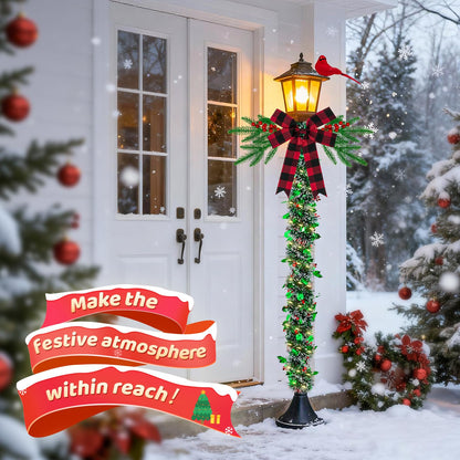 YIBOBO 13Pcs Christmas Lamp Post Decoration Set Include String Light, Pine Branches, Red Berries, Tinsel Garlands, Checkered Bow and Cardinal Bird for Outdoor Holiday Porch Lawn, NOT Include Lamp Post