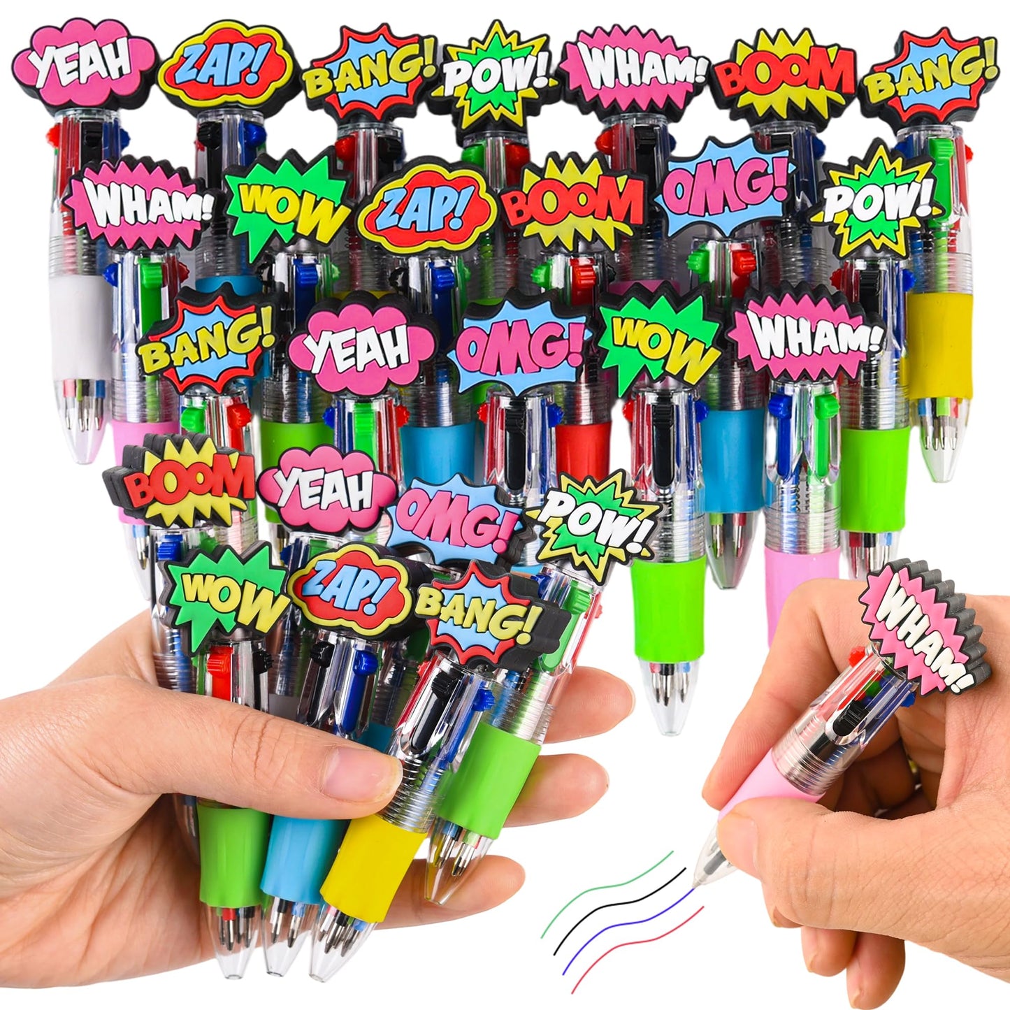 LiYiQ 25 Pcs Hero Theme Multicolor Pen in One Cartoon Cute Fun 4-in-1 Cute Pens Bulk Kawaii Hero Theme Boom Wow Pow Conversation Cool Ballpoint Pens for Fun Gifts