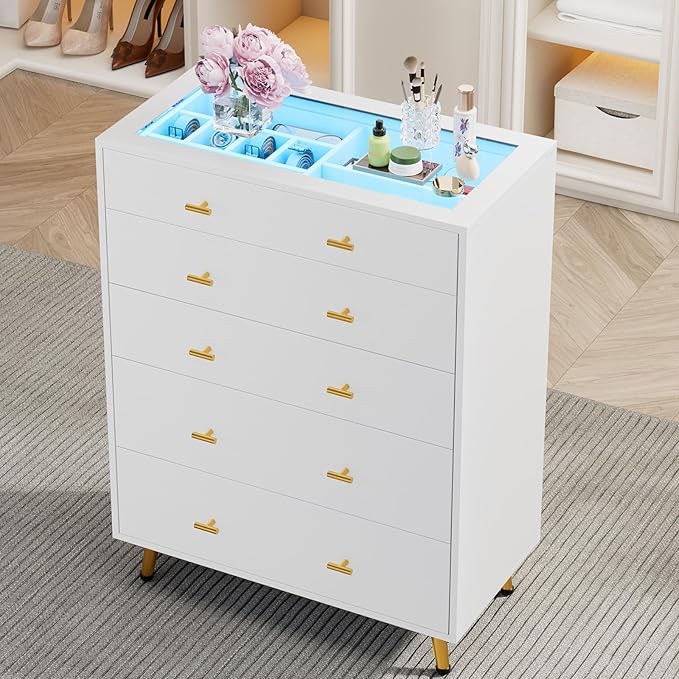 5 Drawer Dresser for Bedroom, 30.7" W x 38" H Tall Tempered Glass Top Dresser