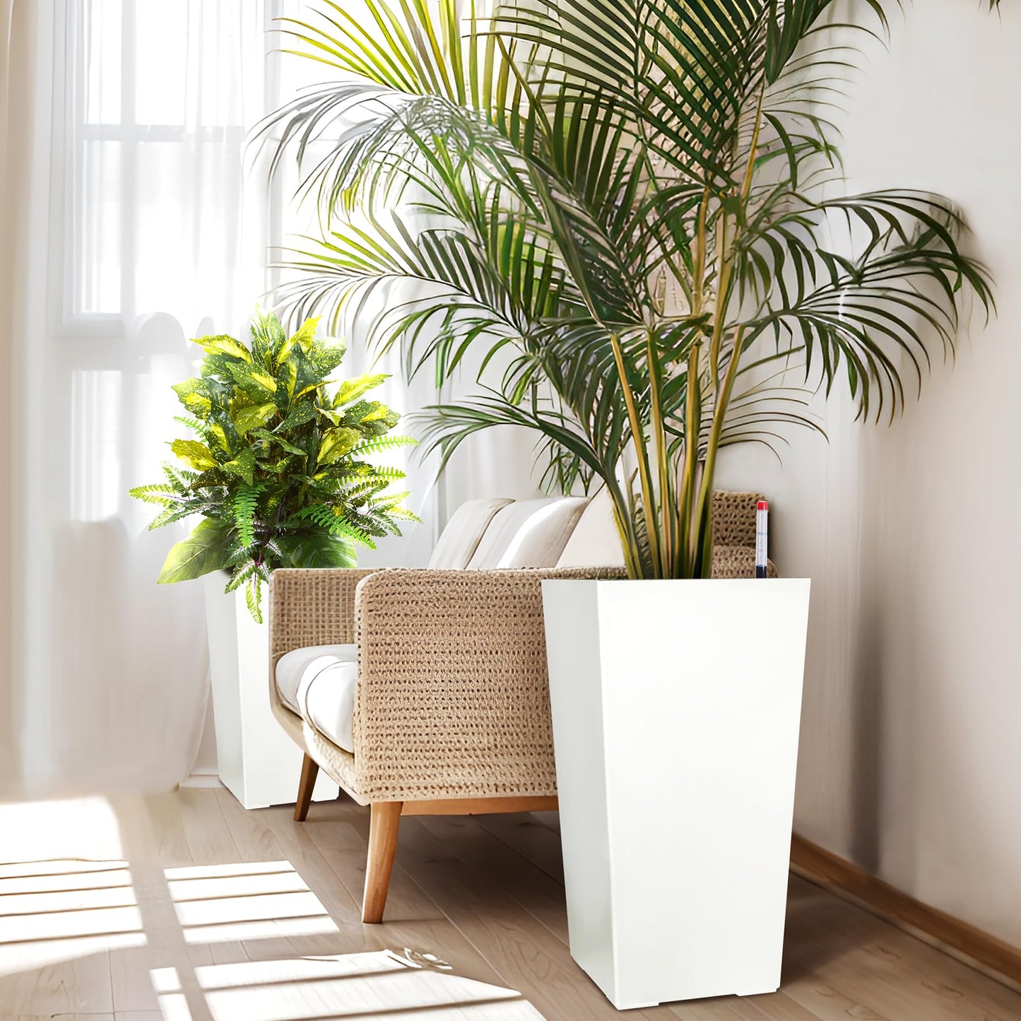 Garvee 22.5" Tall Planters Set of 2, Outdoor＆Indoor Black Planter Pots, High Front Porch Planter Pots with Drainage Holes＆Water Level Monitor＆Inner Bucket,White