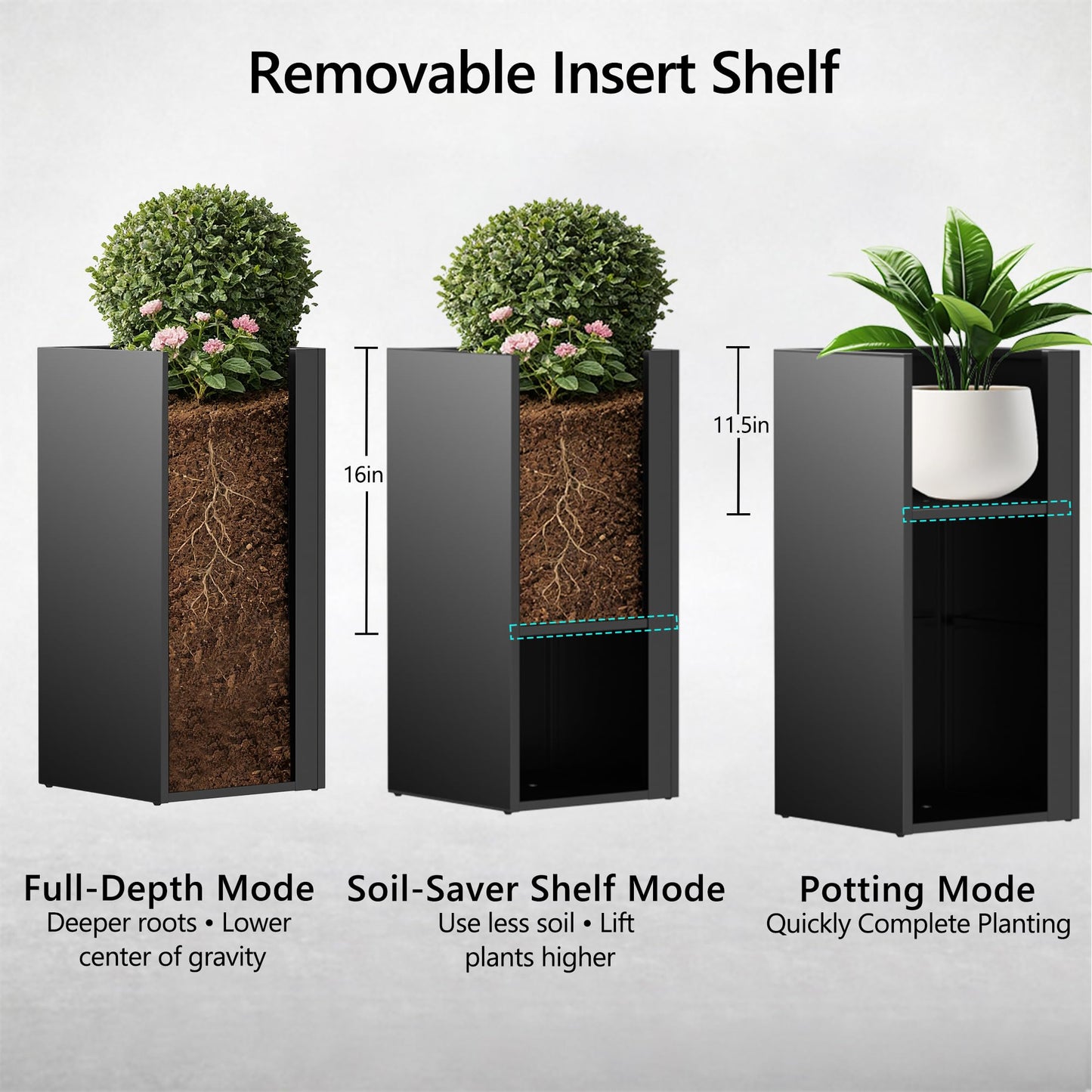 Set of 2 Tall Metal Planter Box for Outdoor Plants,14" L x 14" W x 30" H Heavy Duty Tall Outdoor Planter with Removable Insert Shelf for Porch, Patio, Backyard| Modern Décor|Built-in Drainage|(Black)