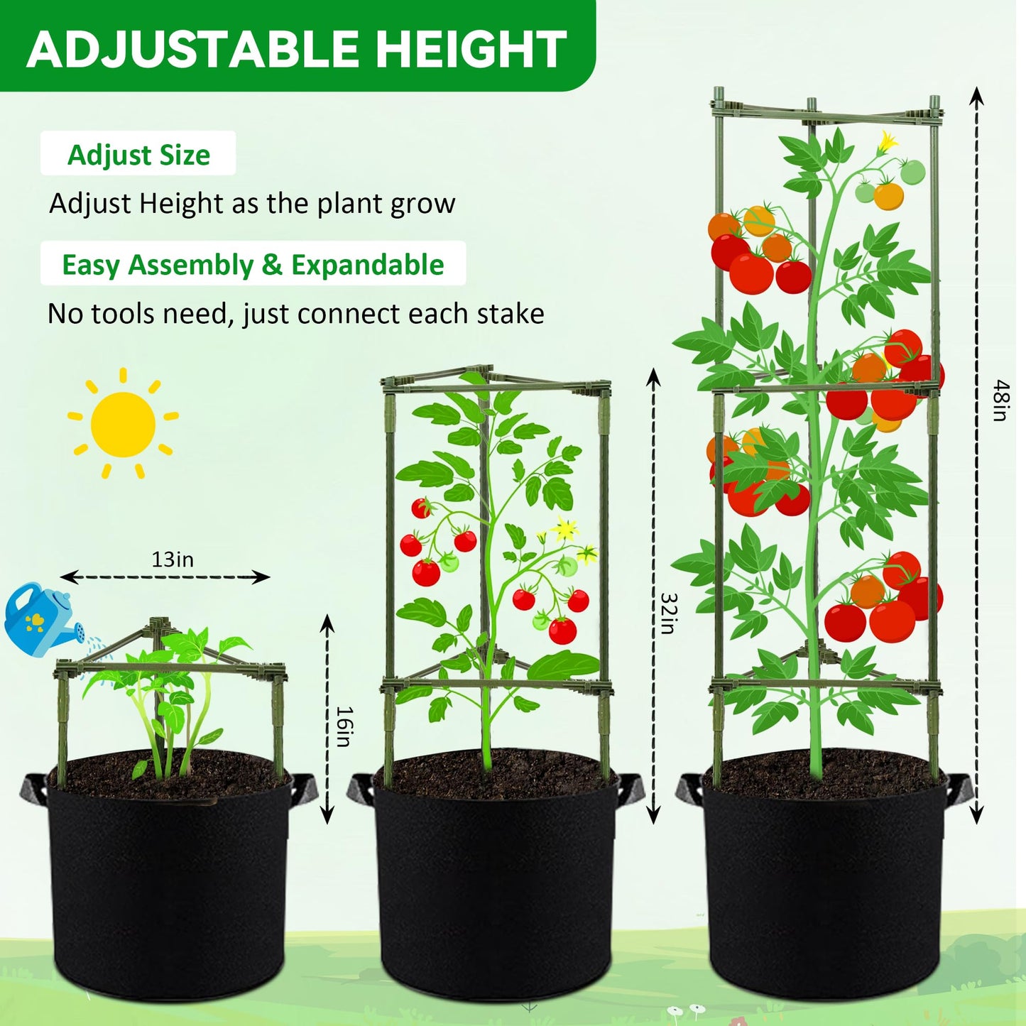 GENMOUS Tomato Cages with Grow Bags - 48 Inch Tomato Trellis for Raised Garden Bed, 3-Pack Tomato Plant Support, with 10 Gallon Plant Grow Bags, Reusable and Height Adjustable