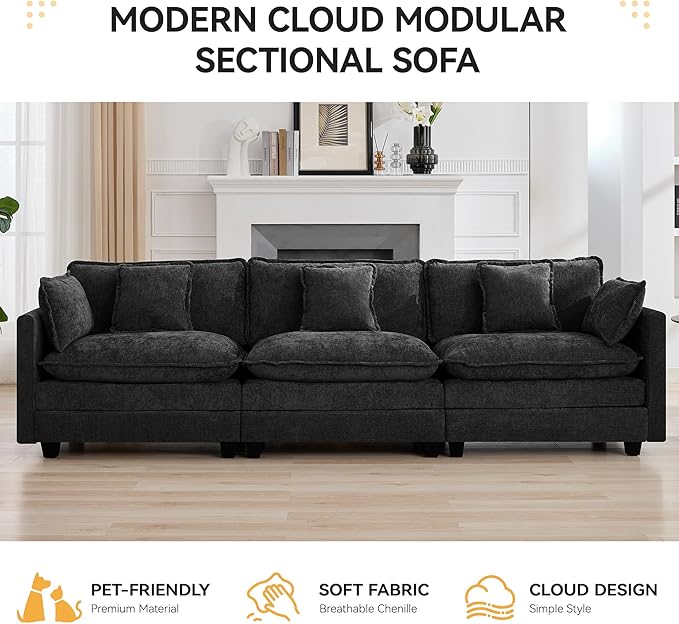 111'' Sectional Cloud Deep Seat Couch, Modern Comfy Chenille Modular Sectional