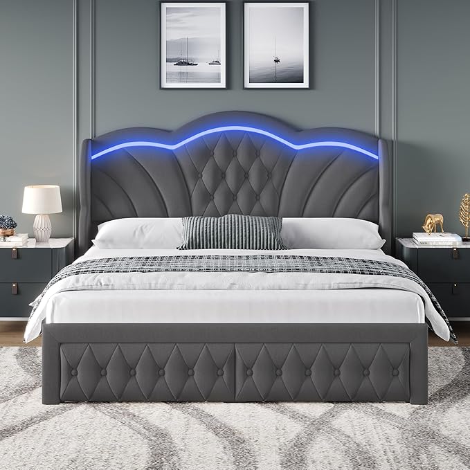 Keyluv Queen Bed Frame with LED Lights and 2 Storage Drawers, Velvet