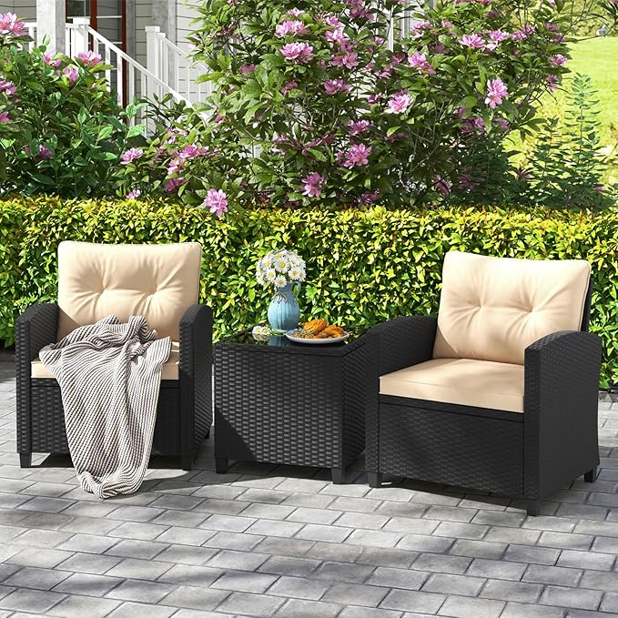 HAPPYGRILL 3 Pieces Wicker Patio Conversation Set, PE Rattan Bistro Sofa Set