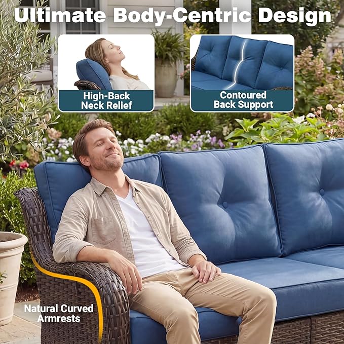 Patio Furniture Set, High Back Rattan Sofa & Swivel Rocker Chairs, Weather