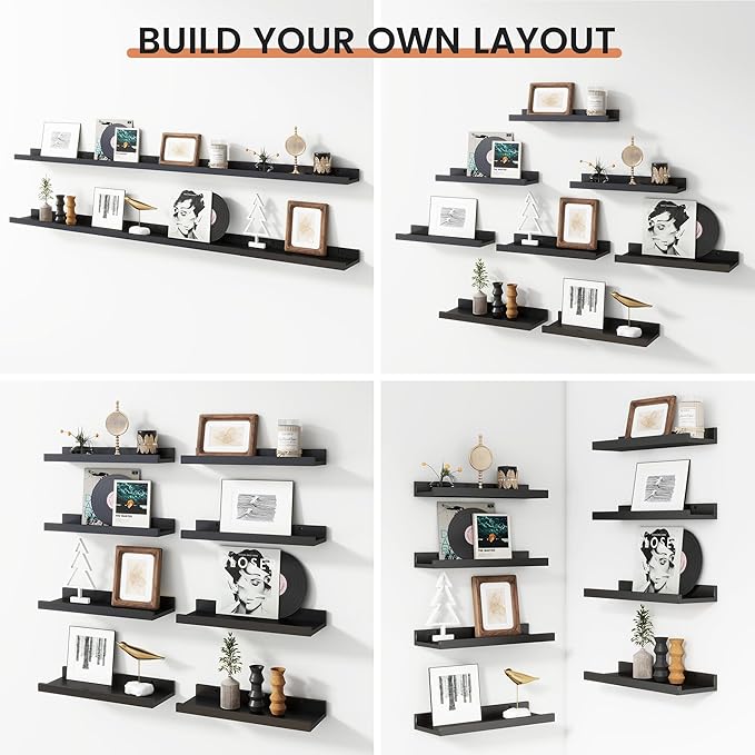 Floating Picture Ledge Shelves Set of 8, 16 Inch Solid Wood Wall Shelves