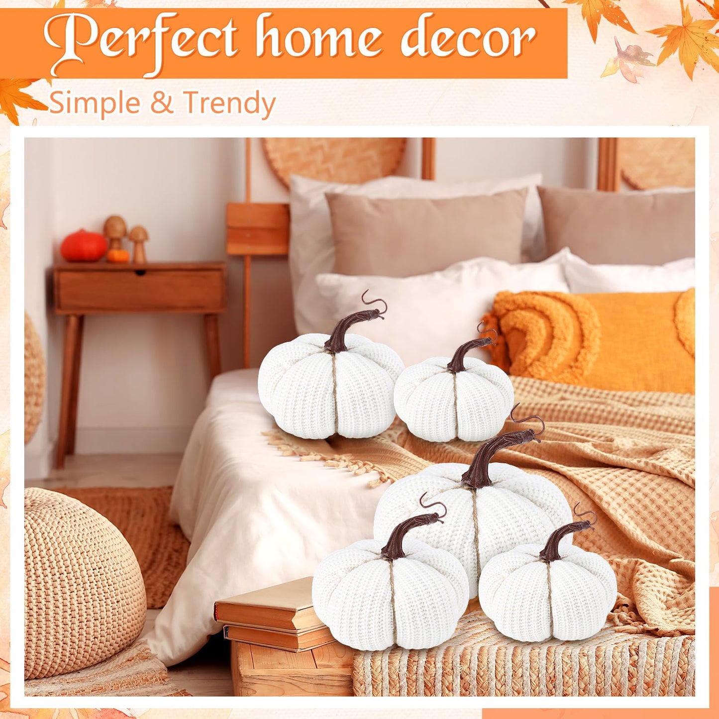 HunnmingRe 6 Pcs Thanksgiving Decor White Crochet Pumpkins Large 6 Inch Faux Fall Pumpkin Decor for Thanksgiving Farmhouse Autumn Rustic Mantel Table