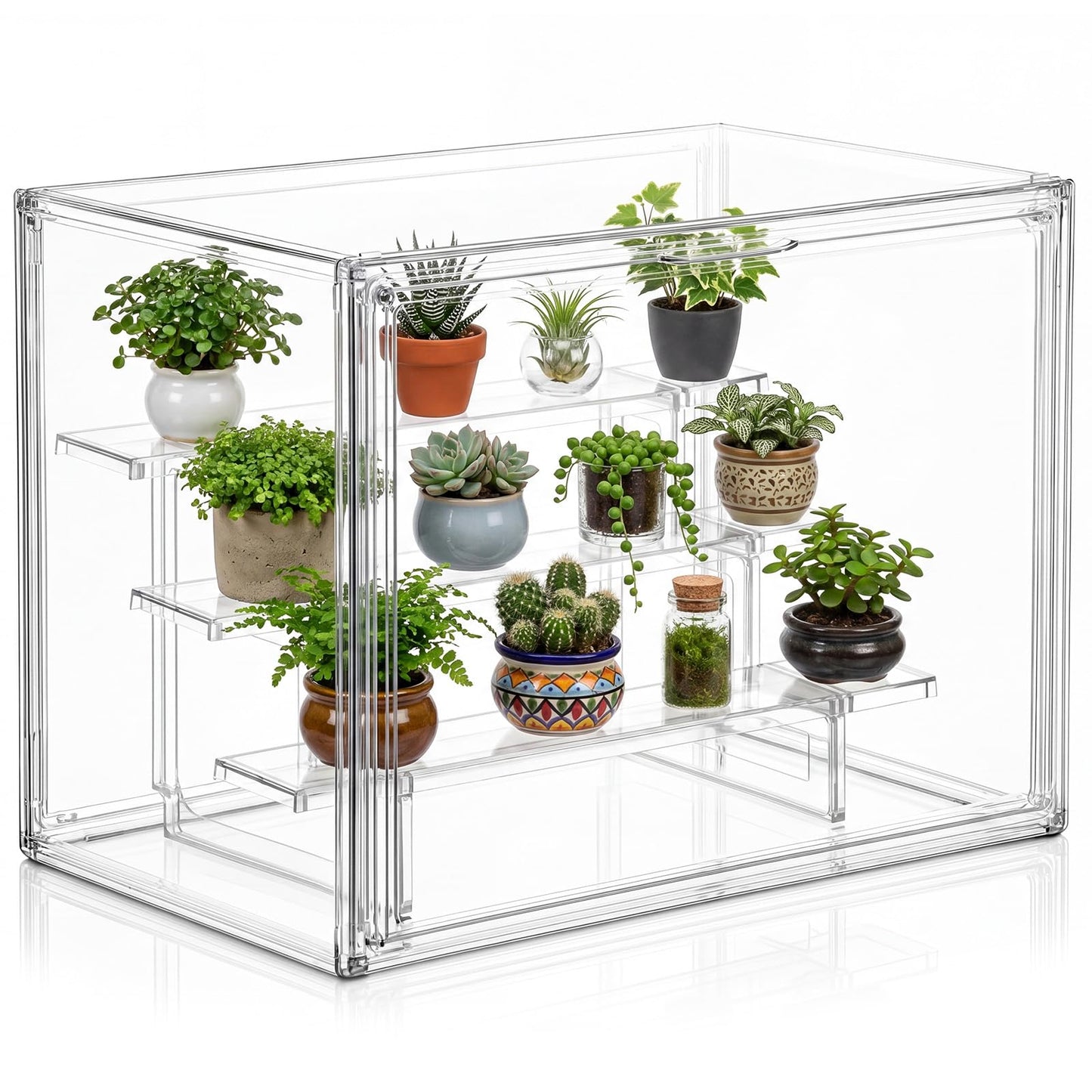 Novabright Mini Greenhouse Indoor, Clear Portable Tabletop Green House with Magnetic Door and 3-Layer Stand for Seed Starting, Plant Grow Warmer and Home Gardening Display, 14.1 x 10.6 x 9 in