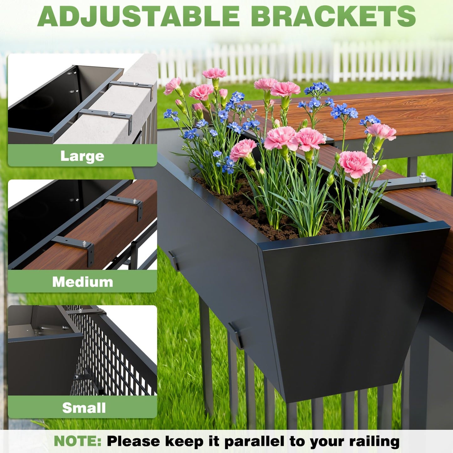 Railing Planter for Outdoor Plants 36'' Metal Hanging Flower Pot with Adjustable Brackets & Drainage Railing Planter Box Countryside Flower Plant Holder for Garden Yard Patio Balcony Deck Decor
