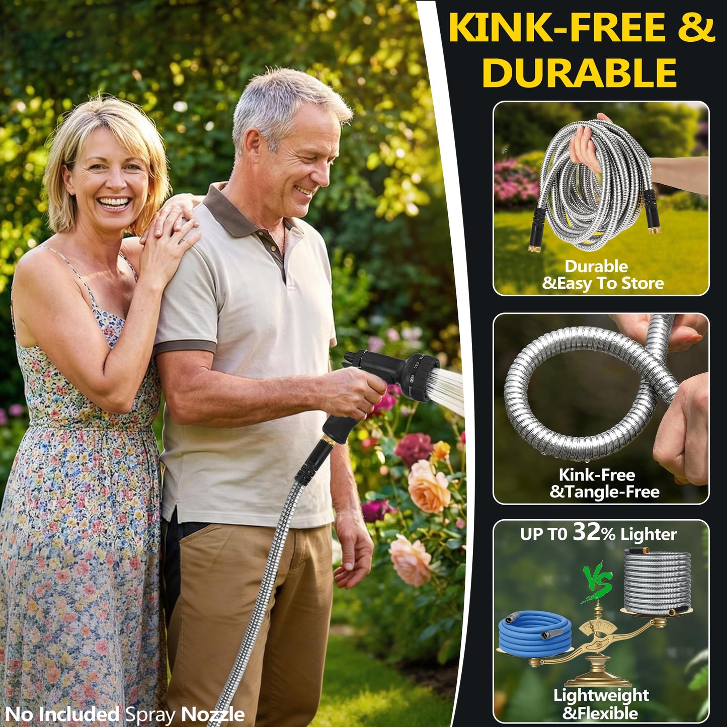 150 ft Stainless Steel Garden Hose - 2026 New Upgraded Metal Water hose - Flexible Water Hoses Pipes with Latex Core, 3/4" Solid Brass Connector - No-Expandable Watering Garden Hoses