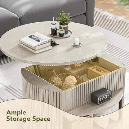 Round Lift Top Coffee Table with Storage, Fluted Mid-Century Modern Coffee Tables for Living Room, with Hidden Compartment & Open Shelves, for Small Spaces & Home Office(31.5" White Oak)