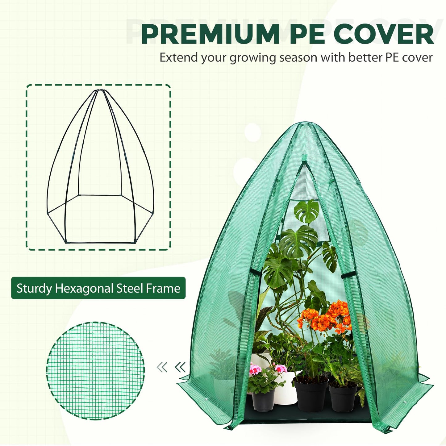 EAGLE PEAK Portable Mini Dome Greenhouse with Zippered Door and Mesh Window, Outdoor Mini Hexagon Greenhouse Kit for Indoor Outdoor Gardening 6' x 5'3'', Green PE Cover