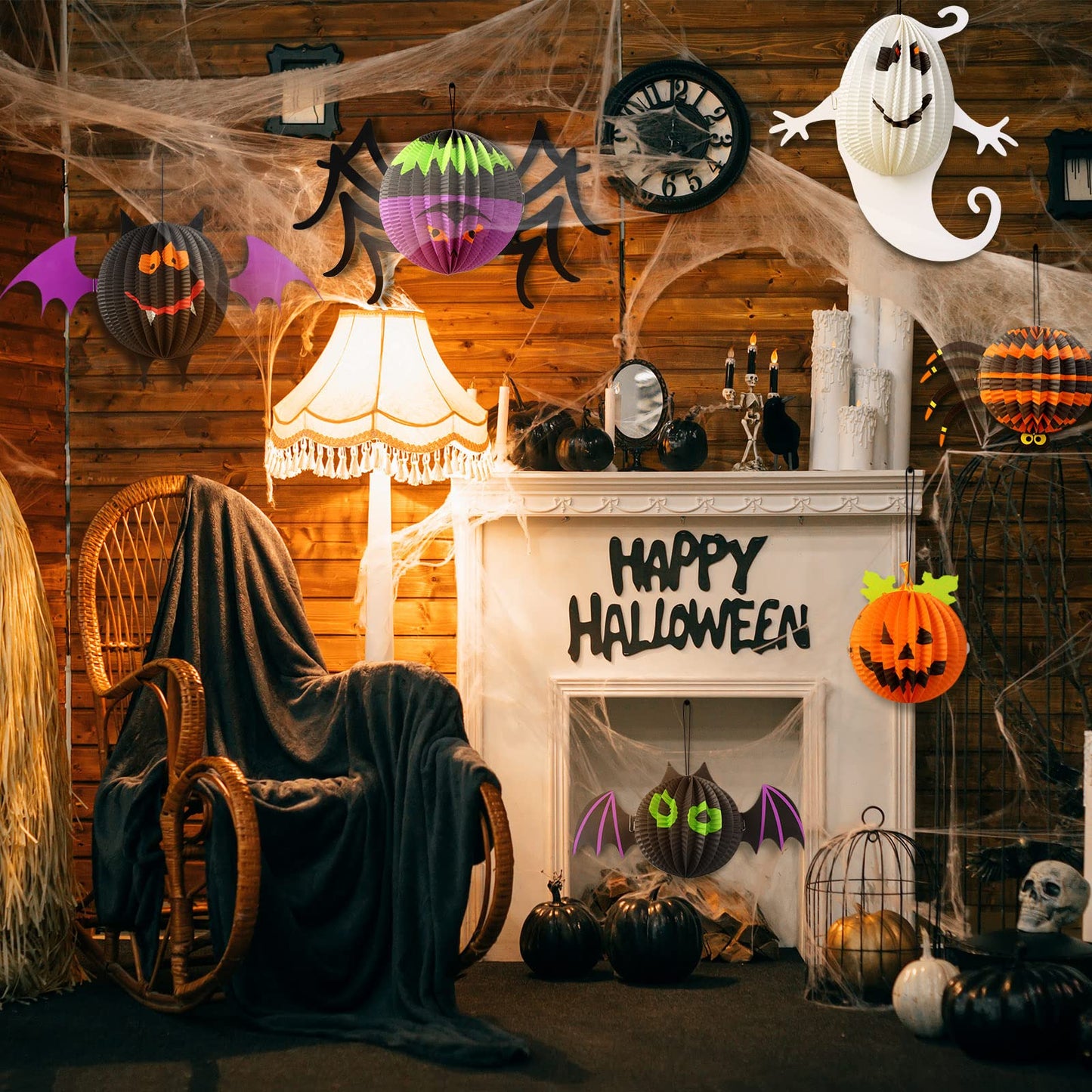 Jeyiour 6 Pack Halloween Paper Lanterns Hanging Decoration, 3D Honeycomb Spider Bat Pumpkin Paper Lantern Set, Foldable Jack O Lantern Party Decor for Indoor Outdoor Home Tree Halloween Display