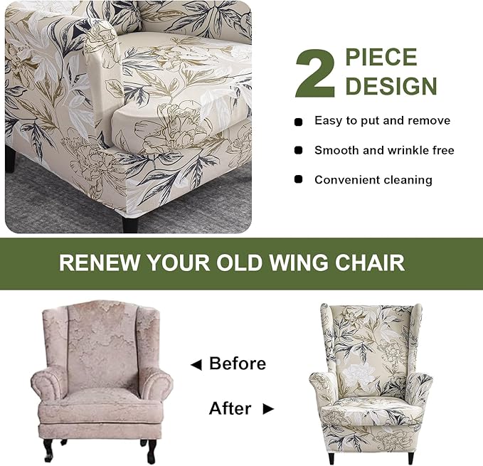 HAOYONG Wing Chair Slipcovers Printed Wingback Chair Covers 2 Pieces Wingback