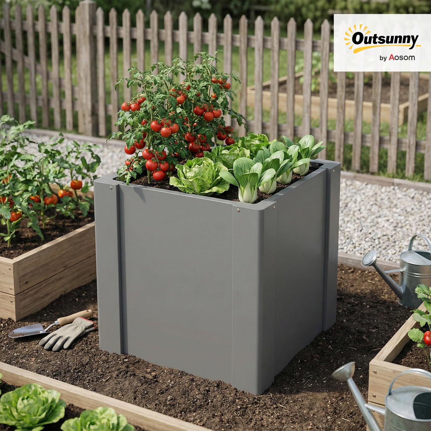 Outsunny Galvanized Tall Outdoor Planter, Metal Square Large Planter Box for Outdoor Plants with Gloves and Open Bottom for Vegetables, Flowers, Herbs, 1.4 x 1.4 x 1.5 ft, Gray
