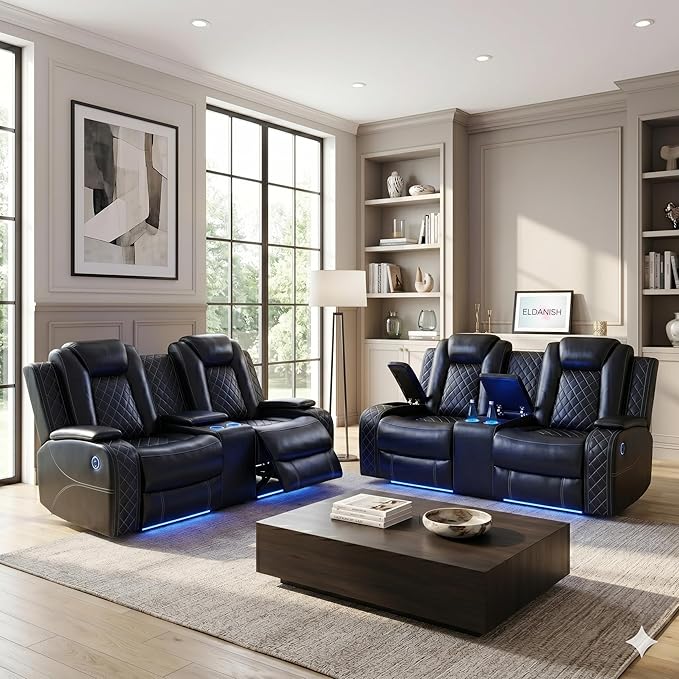 2 Piece Power Recliner Sofa Set -2 Loveseats, Electric Reclining Living Room