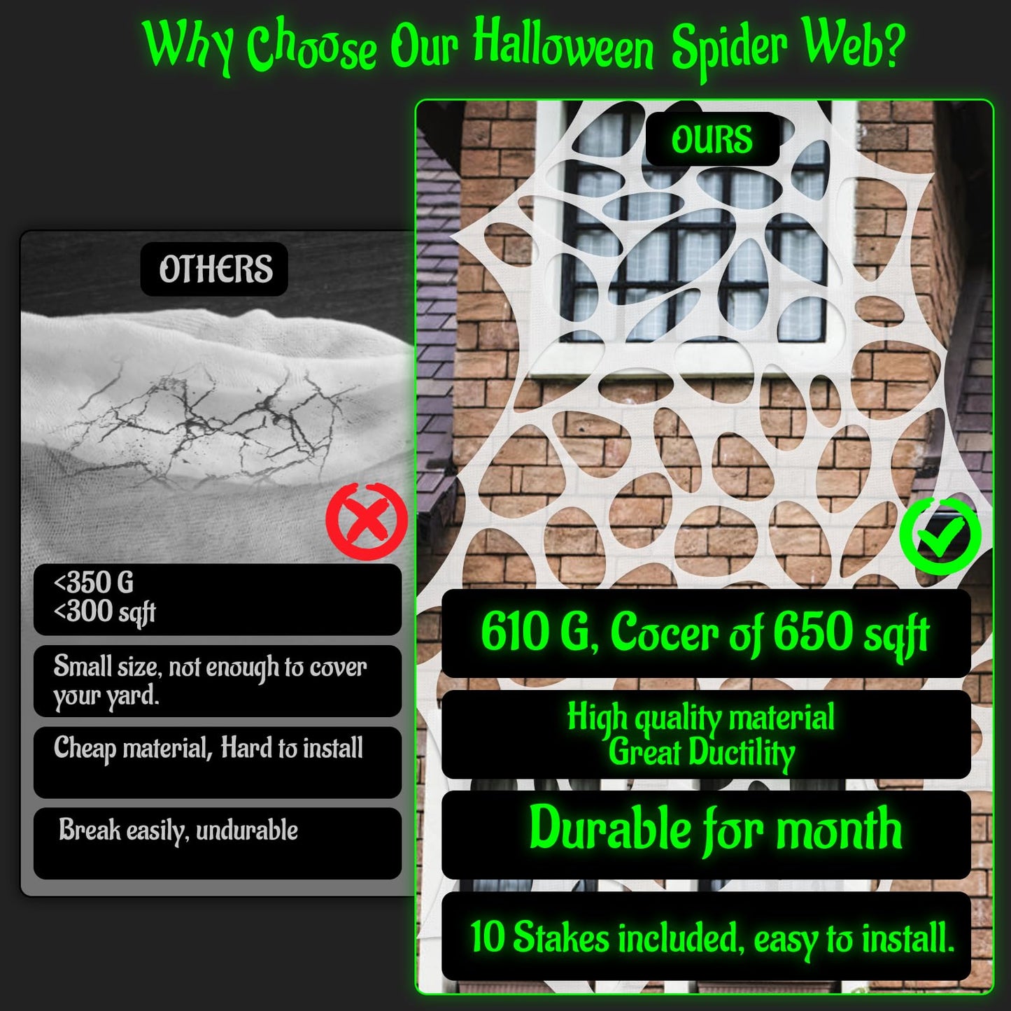 Homgaty Giant Halloween Spider Web, 650sqft Stretchy Beef Netting Halloween Spider Web Outdoor Decoration Cut-Your-Own Netting Spiders Webbing for Halloween Decor, Yard, Roof, Garden, MRPTDE1586
