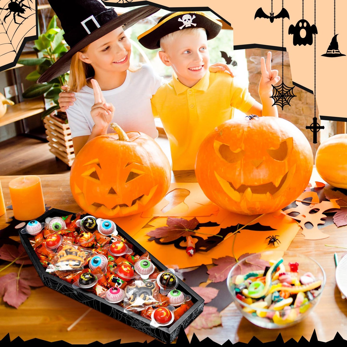 Teenyyou 15.7 x 7.8 Inch Halloween Coffin Charcuterie Board Wood Coffin Serving Tray with Skeleton Spider Web Decor Halloween Black Candy Bowl Gothic Serving Box for Mantel Kitchen Accessories Party