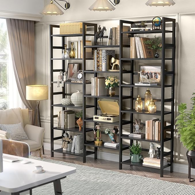Homykic Bamboo Bookshelf, 71” Tall Triple Wide Bookcase