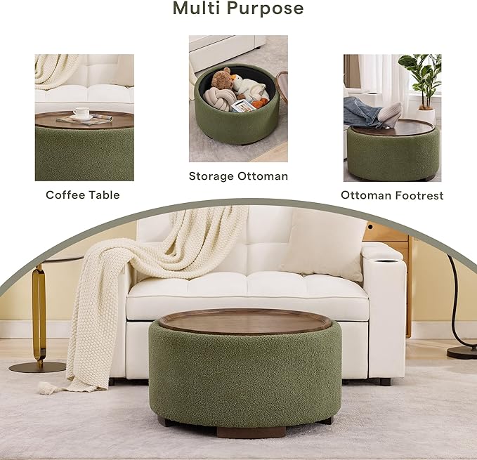 29.5 Inch Round Storage Ottoman Coffee Table, Modern Circle Coffee Table