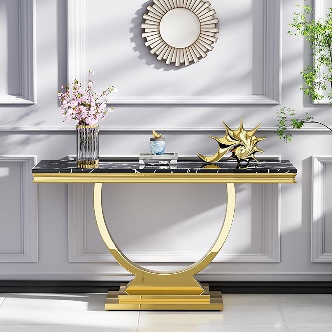 Henf 47" Marble Console Table Modern Black Faux Marble Entryway Table