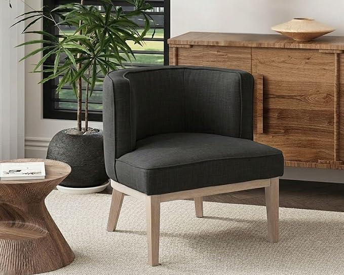Gray Barrel Chair, Small Round Accent Chair, Comfy Linen Accent Chair