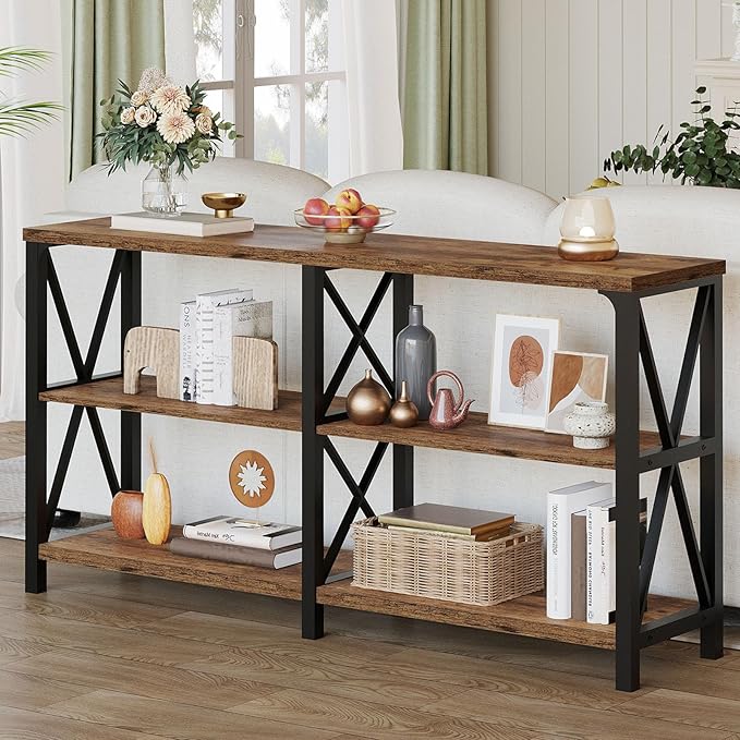 LVB Wood Console Table, Rustic 3 Tier Sofa Table Behind Couch, Industrial Metal