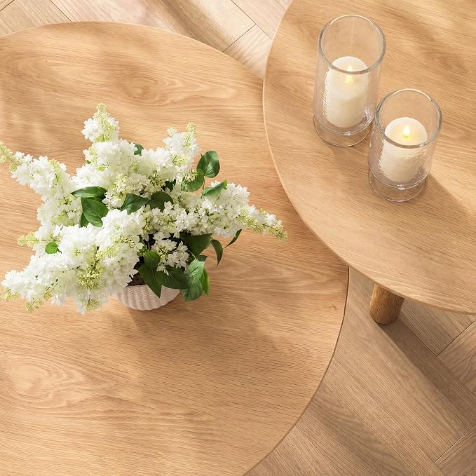 Yechen Nesting Coffee Table Set of 2, Round Wooden Veneer Coffee Table and Side Table Set, Circle Modern Center Tables with Smooth Thick Design for Living Room, Office, or Apartment