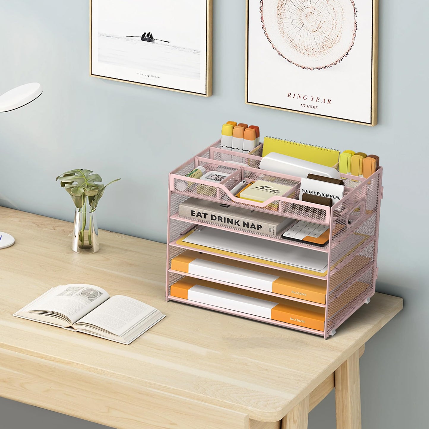 OrgMate 5 Tier Paper Letter Tray with 3 Drop-in Pen Holders, Mesh Desk File Organizer with Handle, Desk Organizers and Accessories for School,Home, Office Supplies Storage-Pink