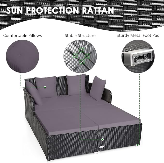 COSTWAY Outdoor Patio Rattan Daybed, Sponge Cushioned Loveseat Sofa