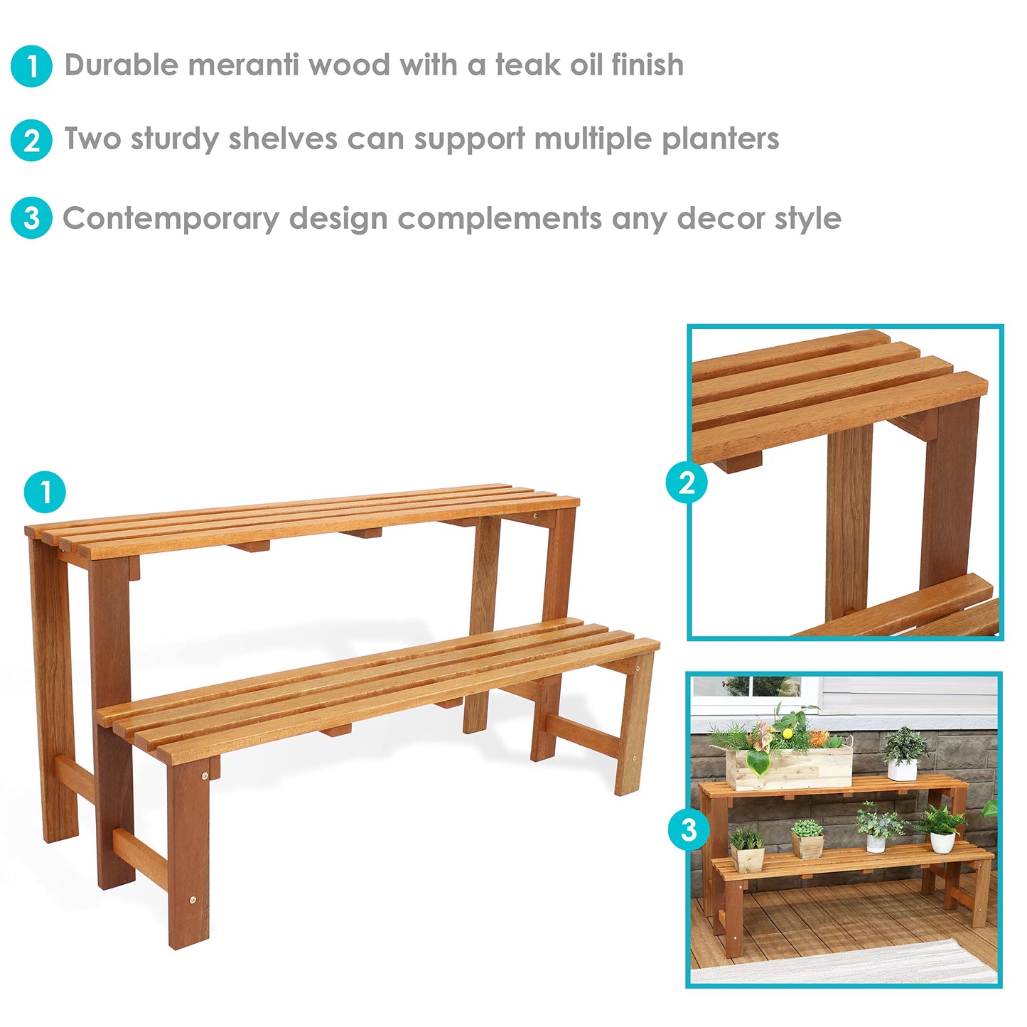 Sunnydaze 2-Tier Meranti Wood Plant Stand for Indoor and Outdoor Use - Garden Shelf with Teak Oil Finish for Patio, Porch, Balcony, and Living Room - Heavy Duty 100 lb Per Level Capacity - 47 in