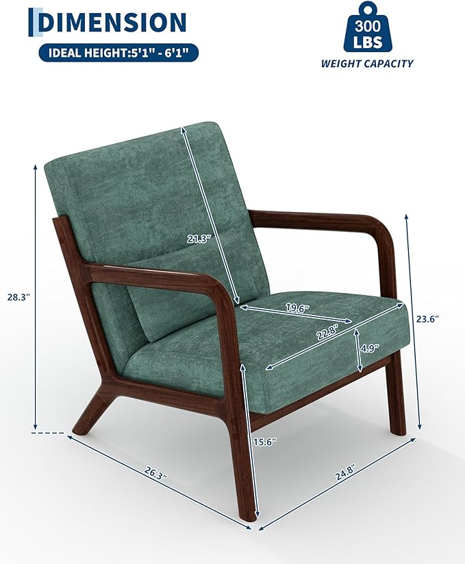 Garvee Mid-Century Modern Accent Chair, Chenille Upholstery, Solid Wood Armchair