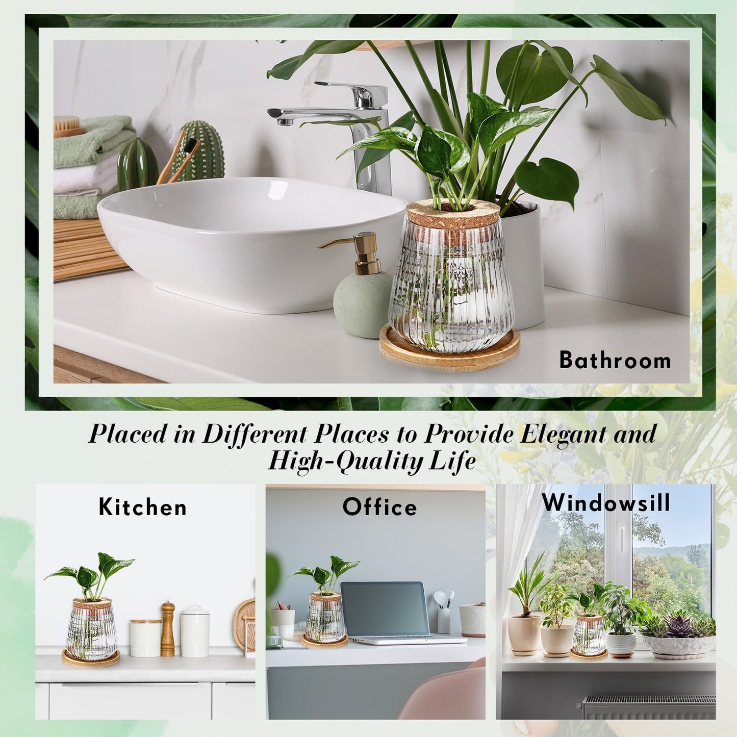 Baderke 12 Packs Propagation Vases for Plants Plastic Plant Propagation with Hole Lid and Bamboo Stand Growing in Water Hydroponic Home Office Desktop Vase Decoration
