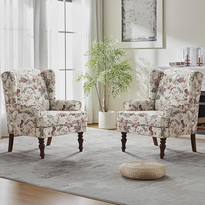 HUIMO Printed Wingback Accent Chair, Linen Upholstered High Back Armchair