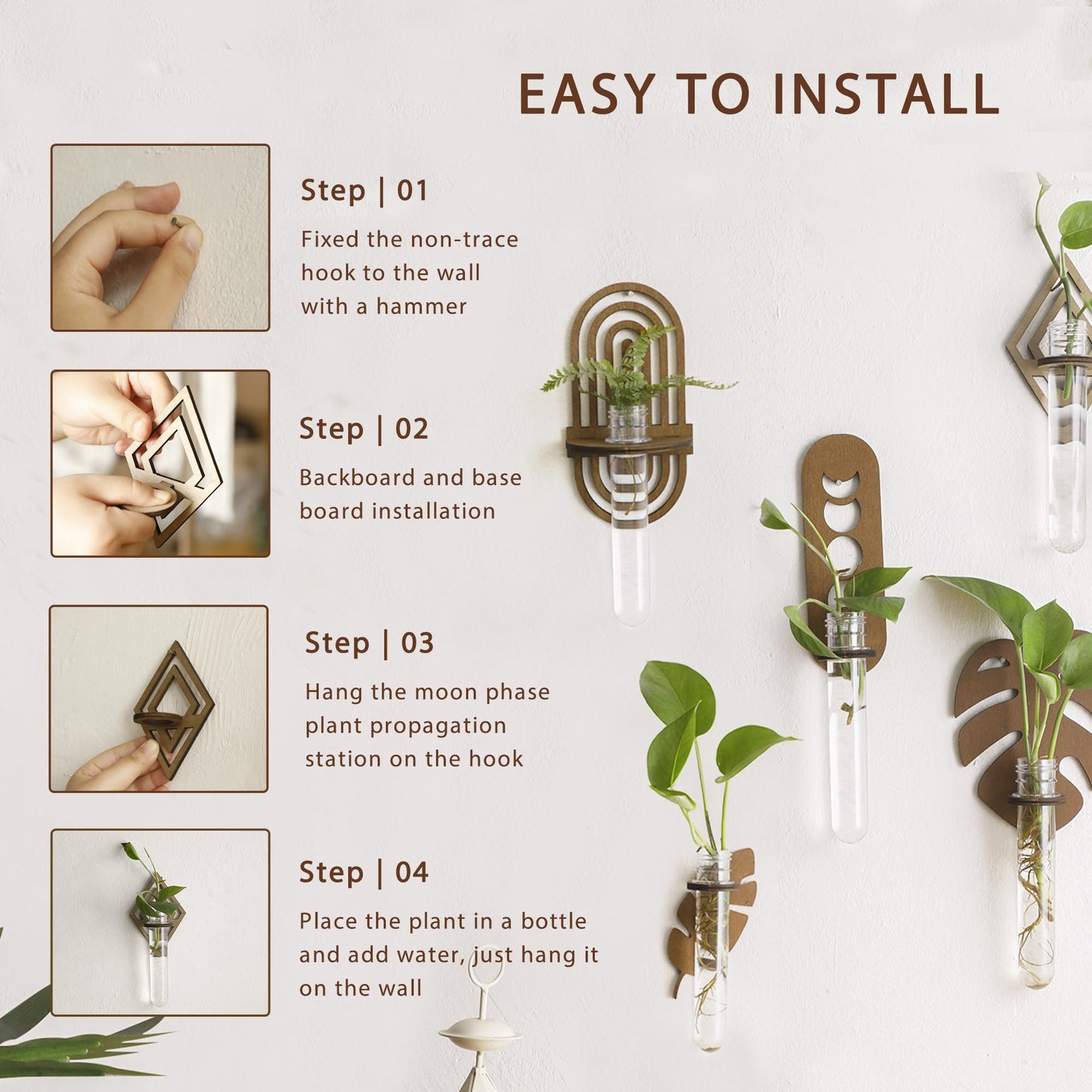 2 Pack Plant Propagation Station Wall Hanging Wooden Diamond Shaped Plant Terrarium for Hydroponics Home Office Decor Test Tube Propagate Air Plant Cutting Holder