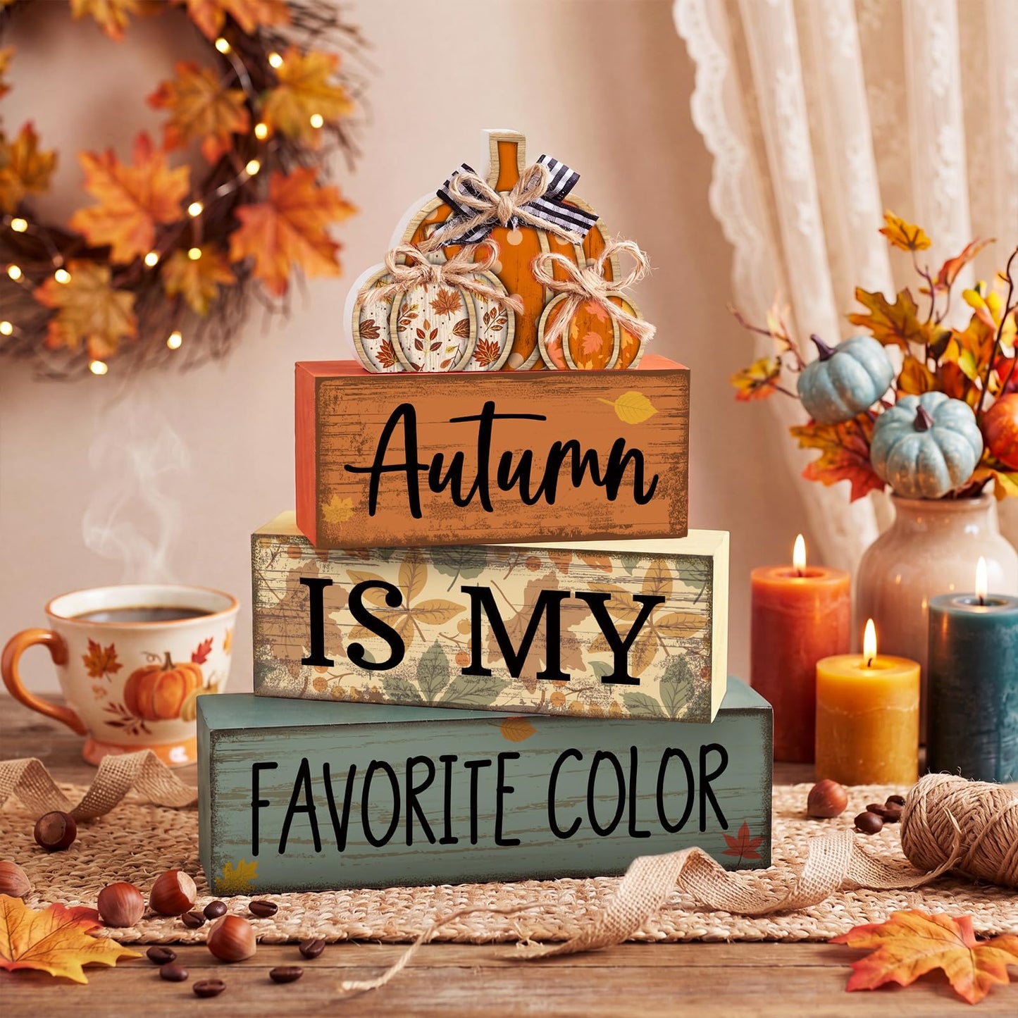Lineshading 4 Pcs Fall Pumpkin Decor Fall Table Decoration Thanksgiving Tiered Tray Decor Thanksgiving Centerpiece Rustic Stacked Pumpkin Block Signs Farmhouse Harvest Decorations for Home Kitchen
