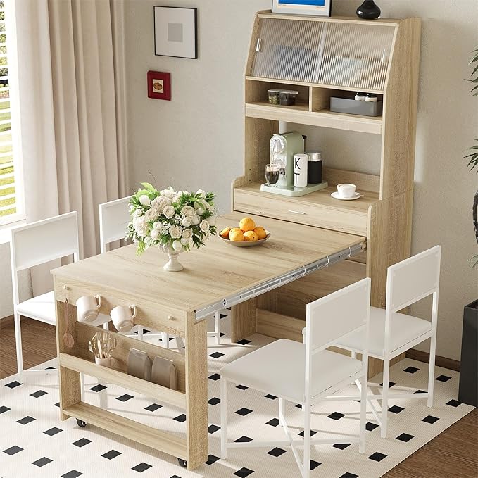 Spaco 2-in-1 Folding Dining Table and Buffet Cabinet Set, Compact Pull-Out