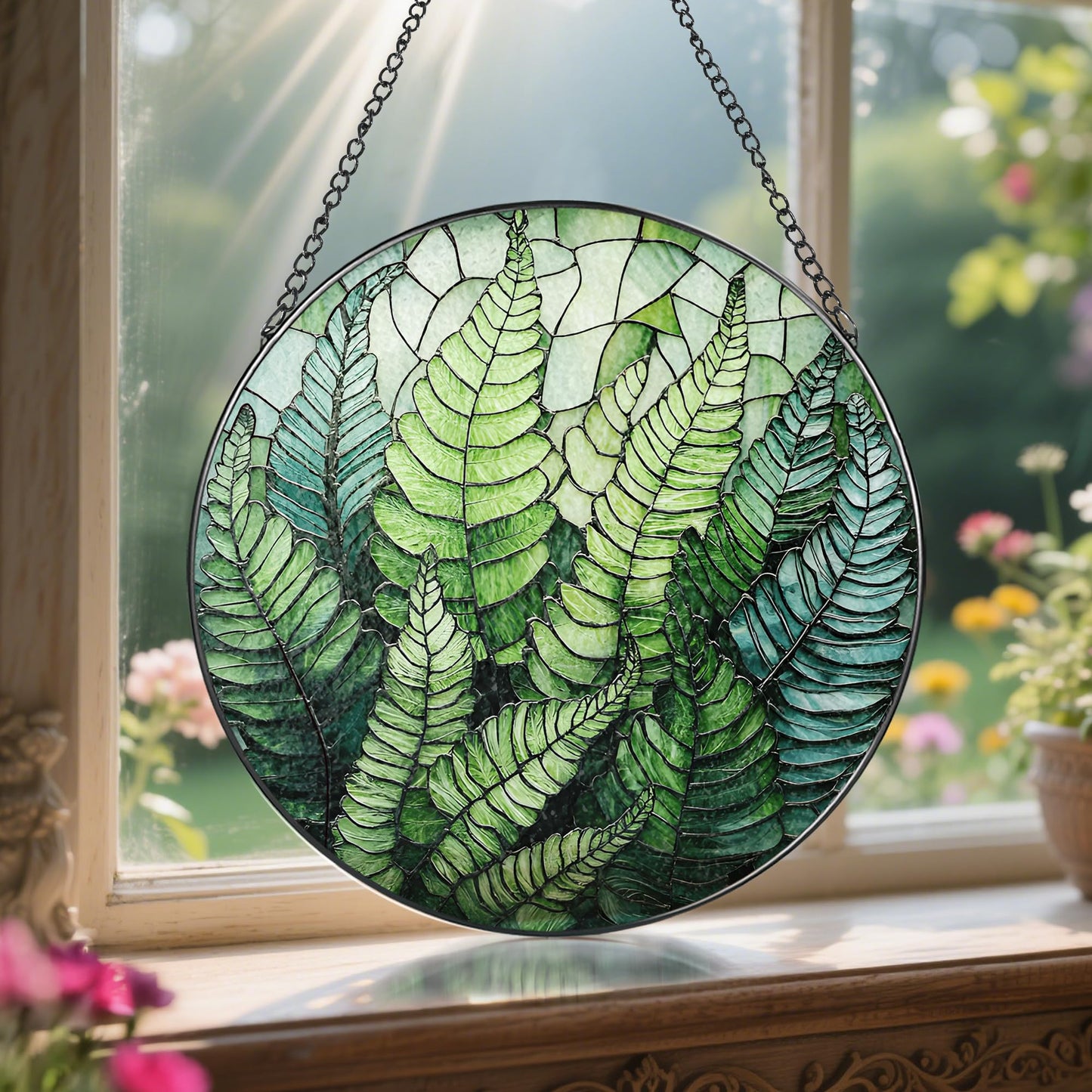 LAOWEIKI 8'' Fern Plant Sun Catcher Ornament, Stained Glass Window Hanging, Sun Catchers for Windows Hanging Ornaments, Window Decor | Plant Lover Gifts, Housewarming Gifts
