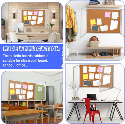 Enclosed Bulletin Board 48" x 36" Weather Resistant Lockable Notice Cork Display Board Wall Mounted 2 Locking Door for School Classroom Commercial Back to School, 12 x A4(Brown, Silver Frame)