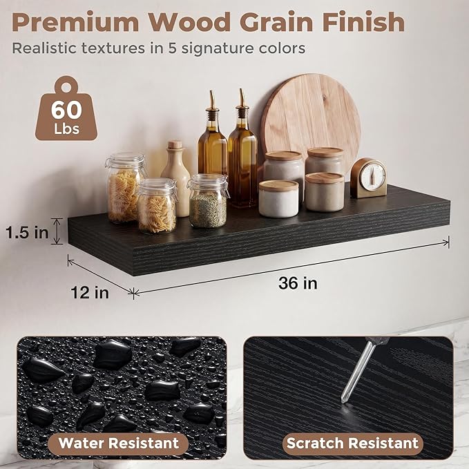 12 inch Deep Floating Shelves for Wall, 36 inch Wide Engineered Wood Wall