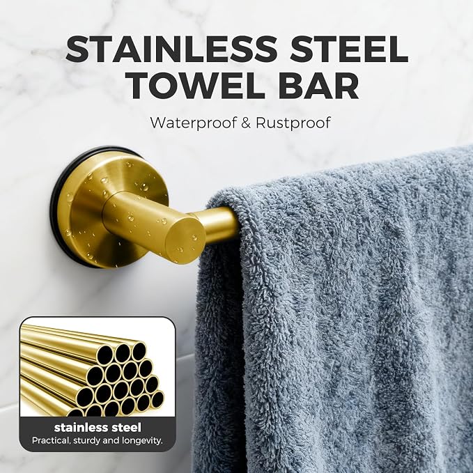 Adjustable Suction Cup Towel Bar for Bathroom Wall,17Inch~29 Inch Towel Racks for Bathroom,Stainless Steel Bath Towel Holder for Shower,2 Pack(Brushed Gold)