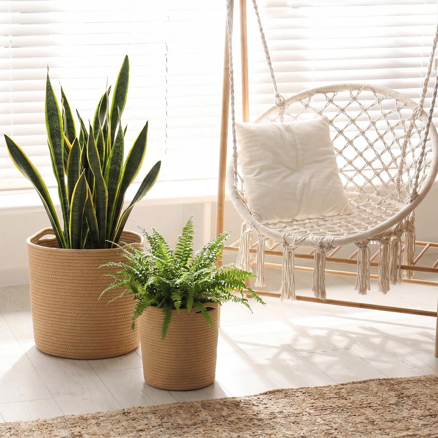 Xuhal 3 Pcs Plant Basket Woven Storage Basket Boho Planter Baskets Modern Woven Flower Tree Pots for Home Decor Blankets Organization (Khaki‌)