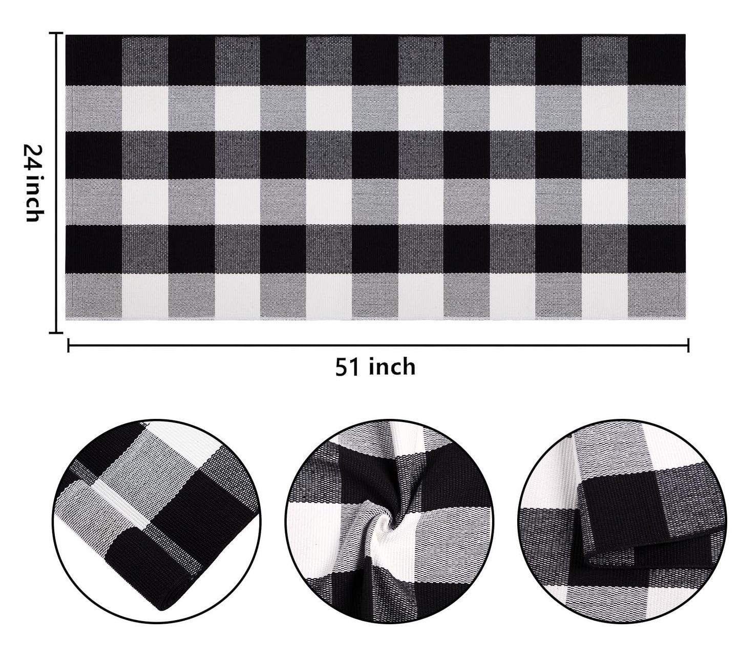 Buffalo Plaid Front Porch Rug 24''x 51''Black and White Checkered Outdoor Rug Cotton Machine Washable Farmhouse Mat for Outdoor, Kitchen, Farmhouse, Entryway,Bathroom