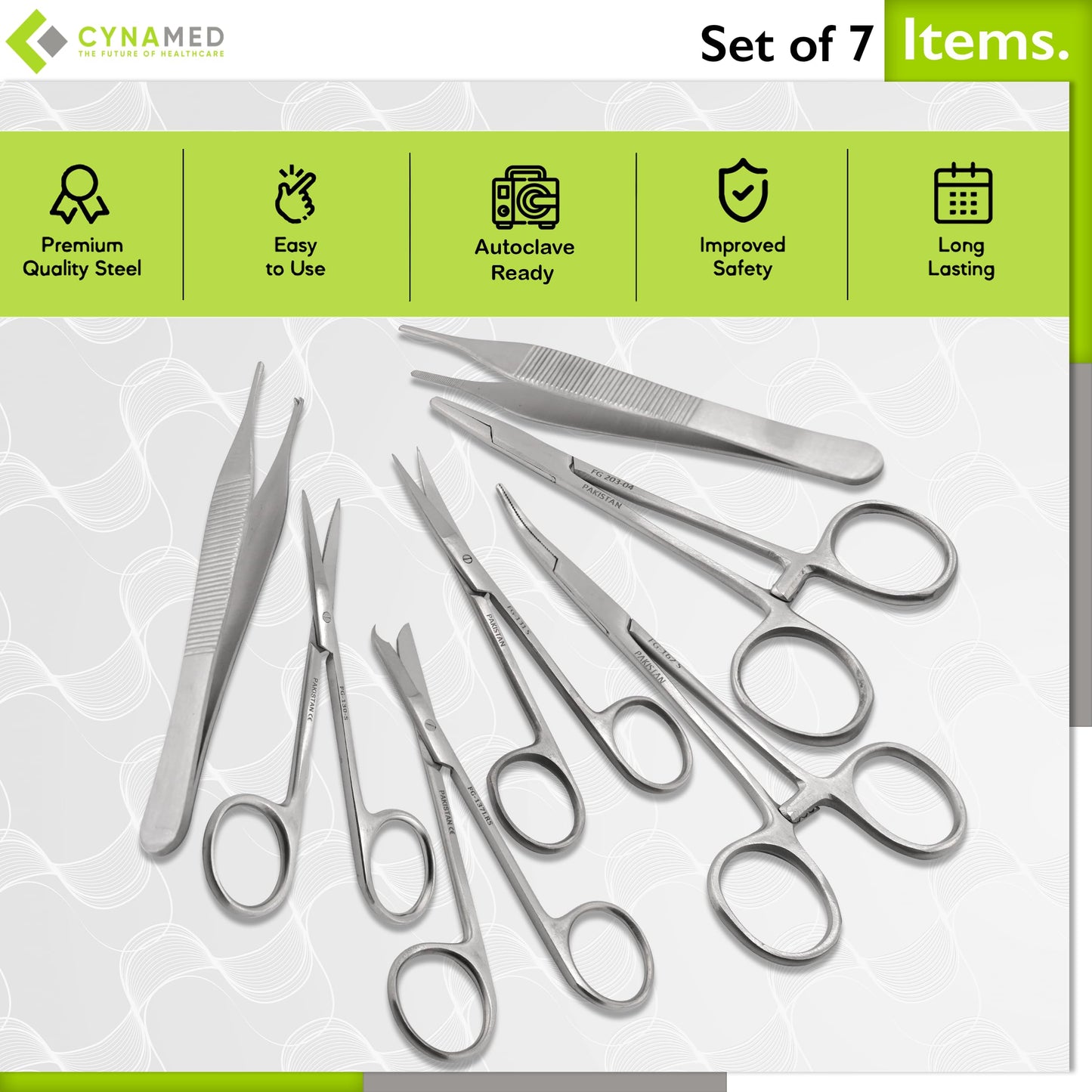 Set of 7 Pieces Scissors Forceps Hemostats Needle Holder Driver Set for Educational Training and Medical Procedures Made of Stainless Steel by Cynamed