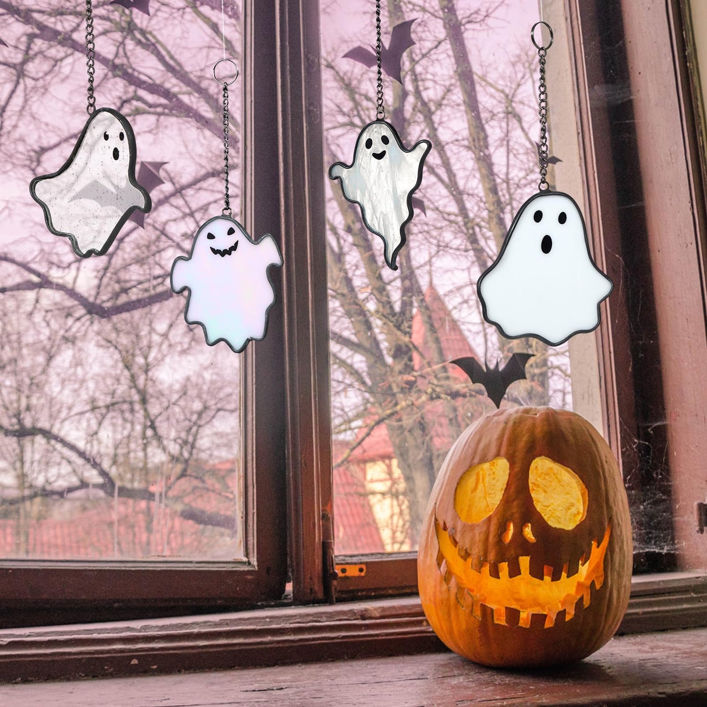 Yungyan 4 Pcs Halloween Ghost Stained Glass Suncatcher Hand Painted Window Hangings Suncatcher Halloween Goth Decoration for Home, Office, Kitchen, Living Room, Wall