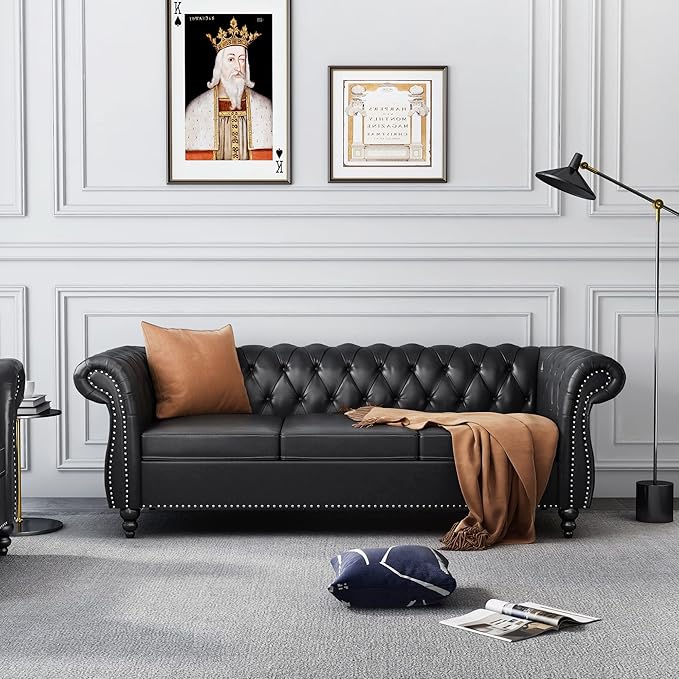 ORRD 2 Pieces Living Room Set, Chesterfield Leather Sofa Loveseat Couch