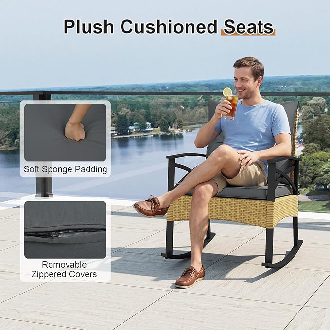 Tangkula 3 Pieces Outdoor Rocking Chairs Set, Rattan Heavy Duty Cushioned